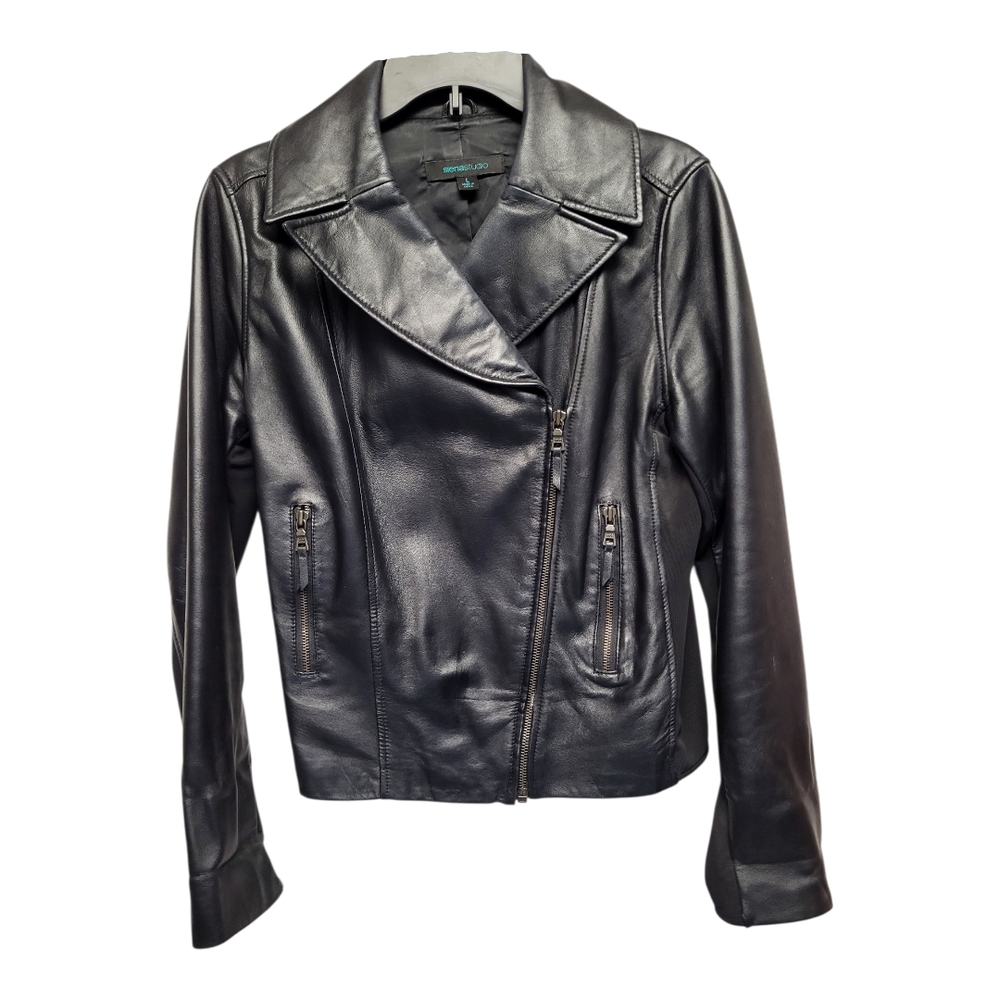 Siena Studio Black Genuine Leather Asymmetrical Moto Biker Jacket - Size L